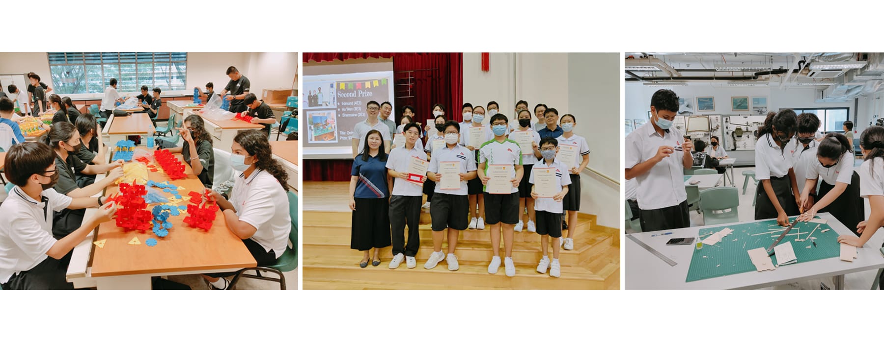 Three school scenes: students building with colored pieces, a prize ceremony group photo, and students working at a craft table.